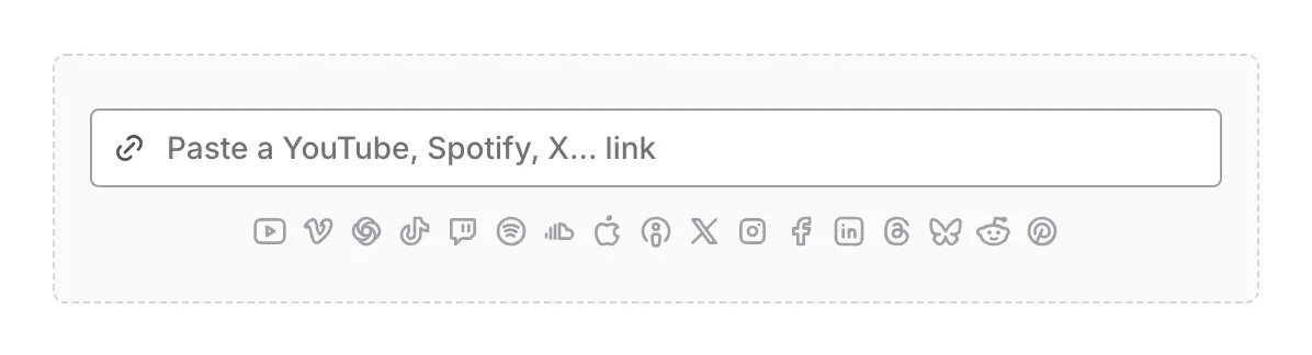 An empty Media component on the canvas with the paste field and the row of supported service icons