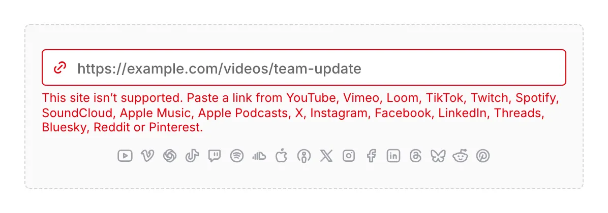 An empty Media component with a link from an unsupported site in the paste field and the "This site isn’t supported" message below it