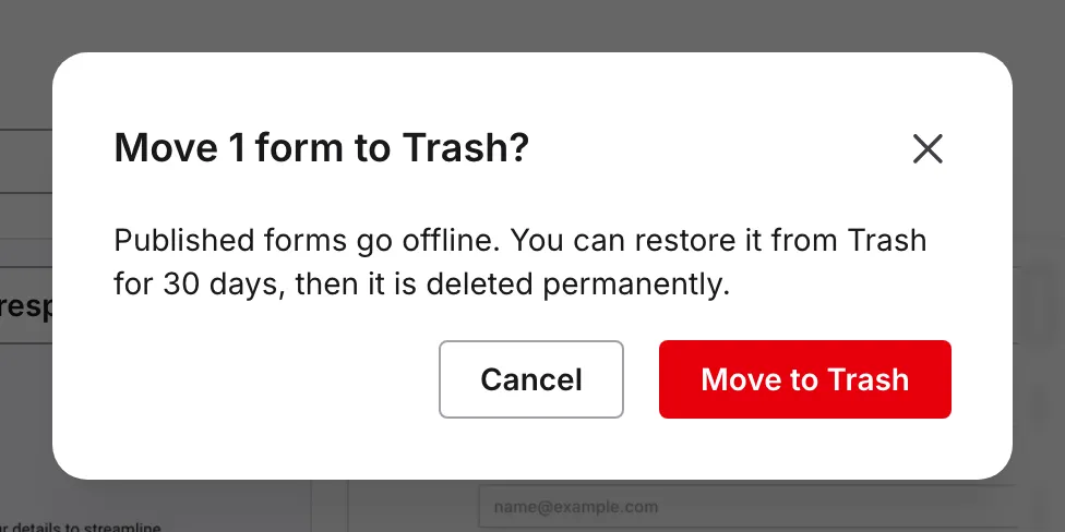 The "Move 1 form to Trash?" confirmation dialog with the red Move to Trash button
