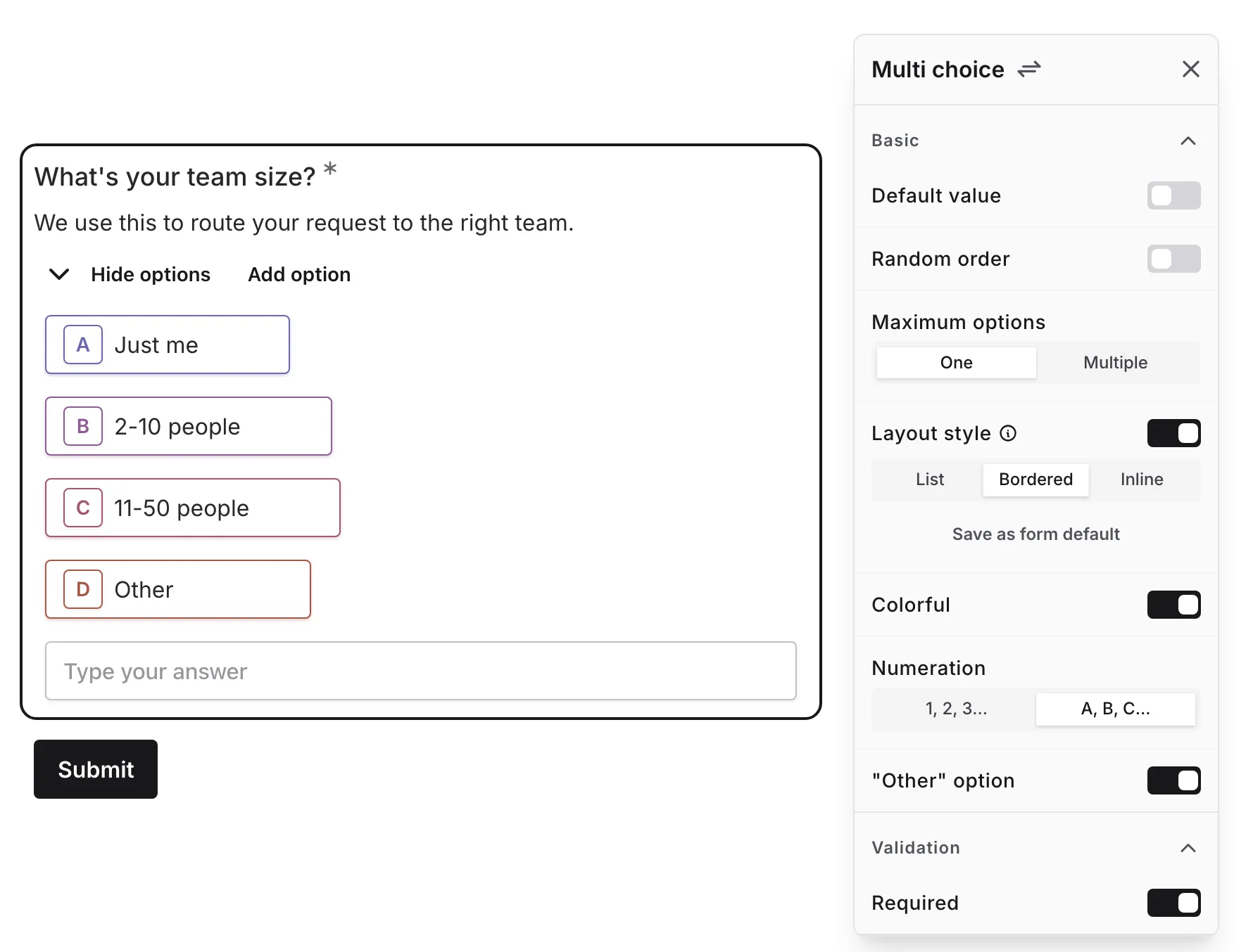 The Colorful setting enabled on a multi choice question with the Bordered layout