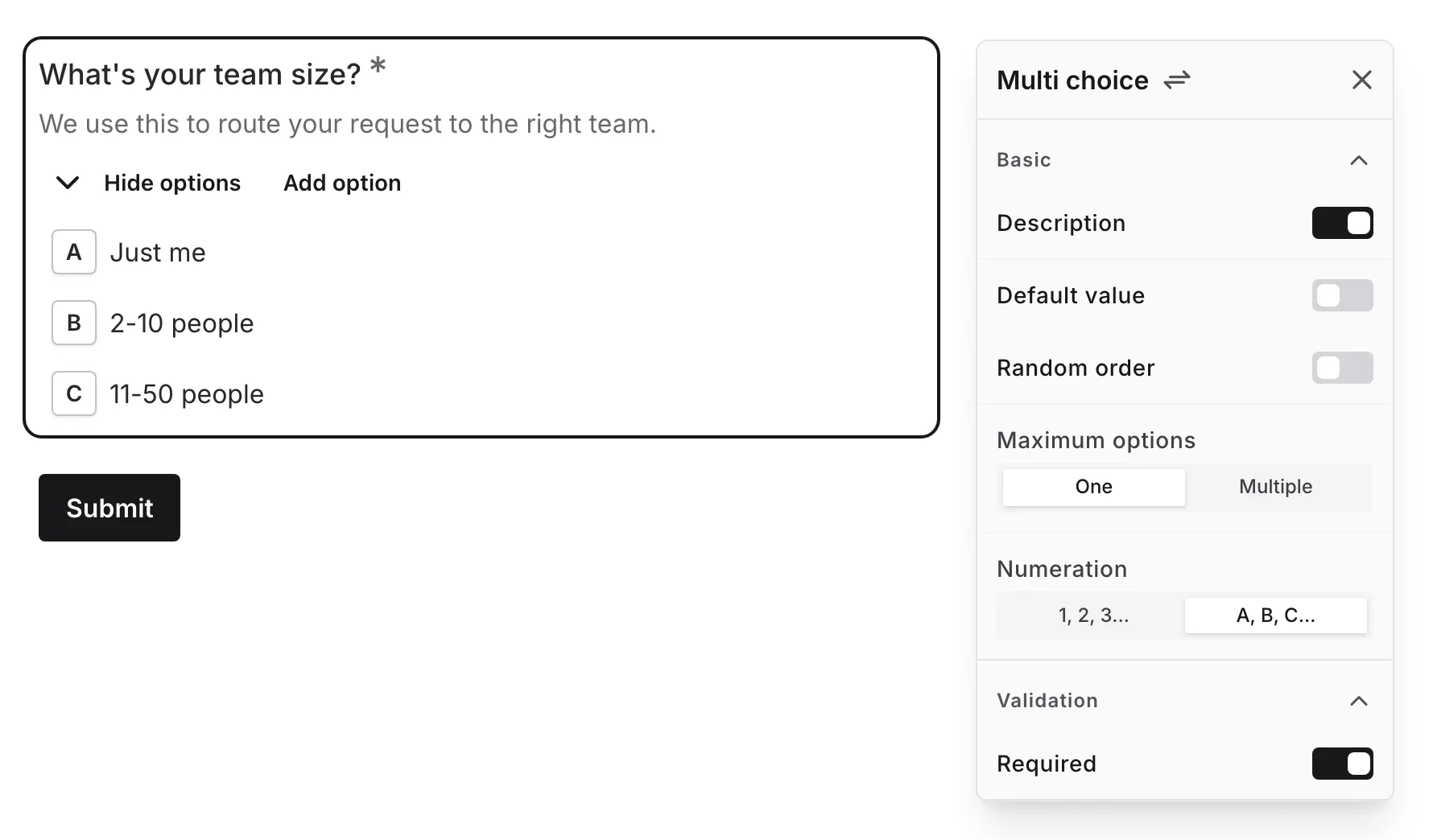 The options list being edited