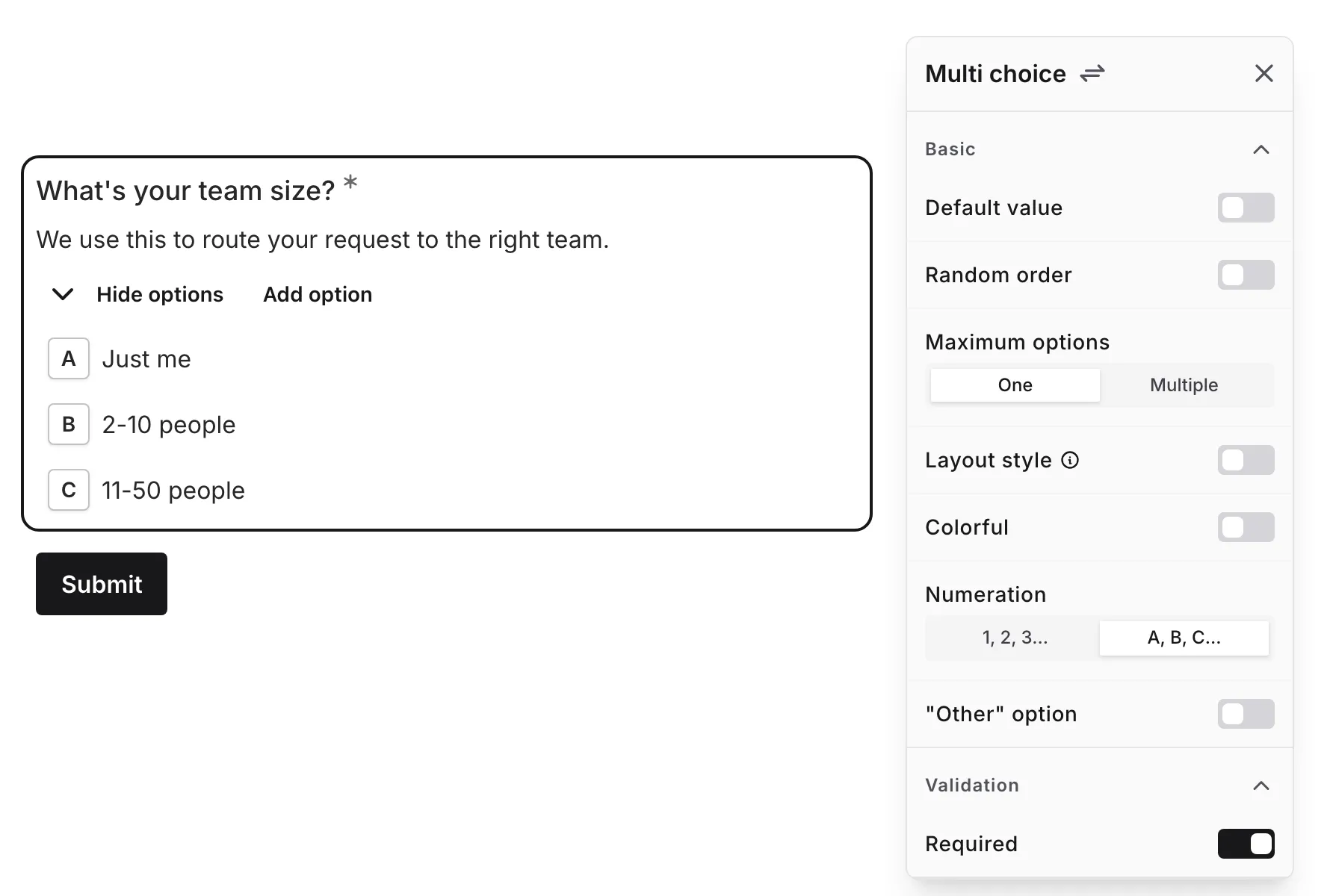 The options list being edited