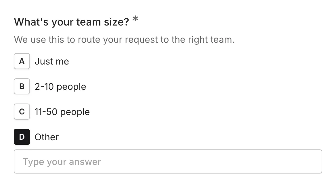 A multi choice question with the "Other" option selected and the text input visible below the question