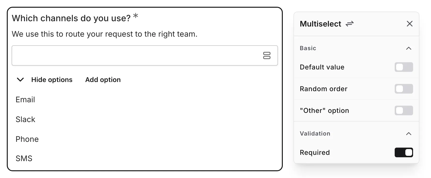 The options list being edited