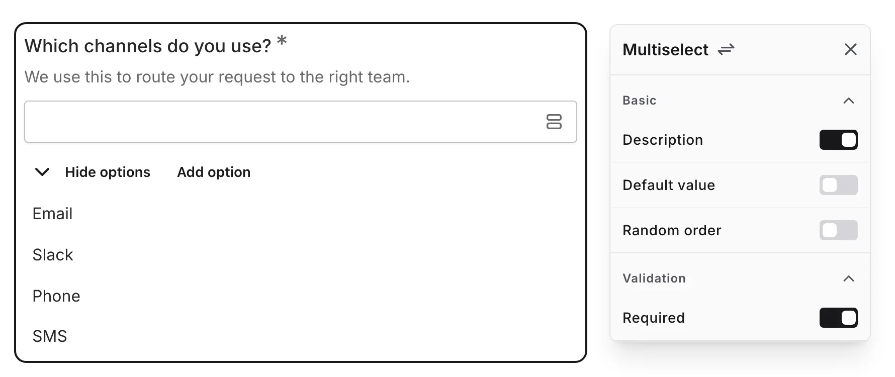 The options list being edited