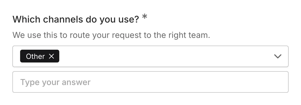 A multiselect with the "Other" choice selected and the text input visible below the question