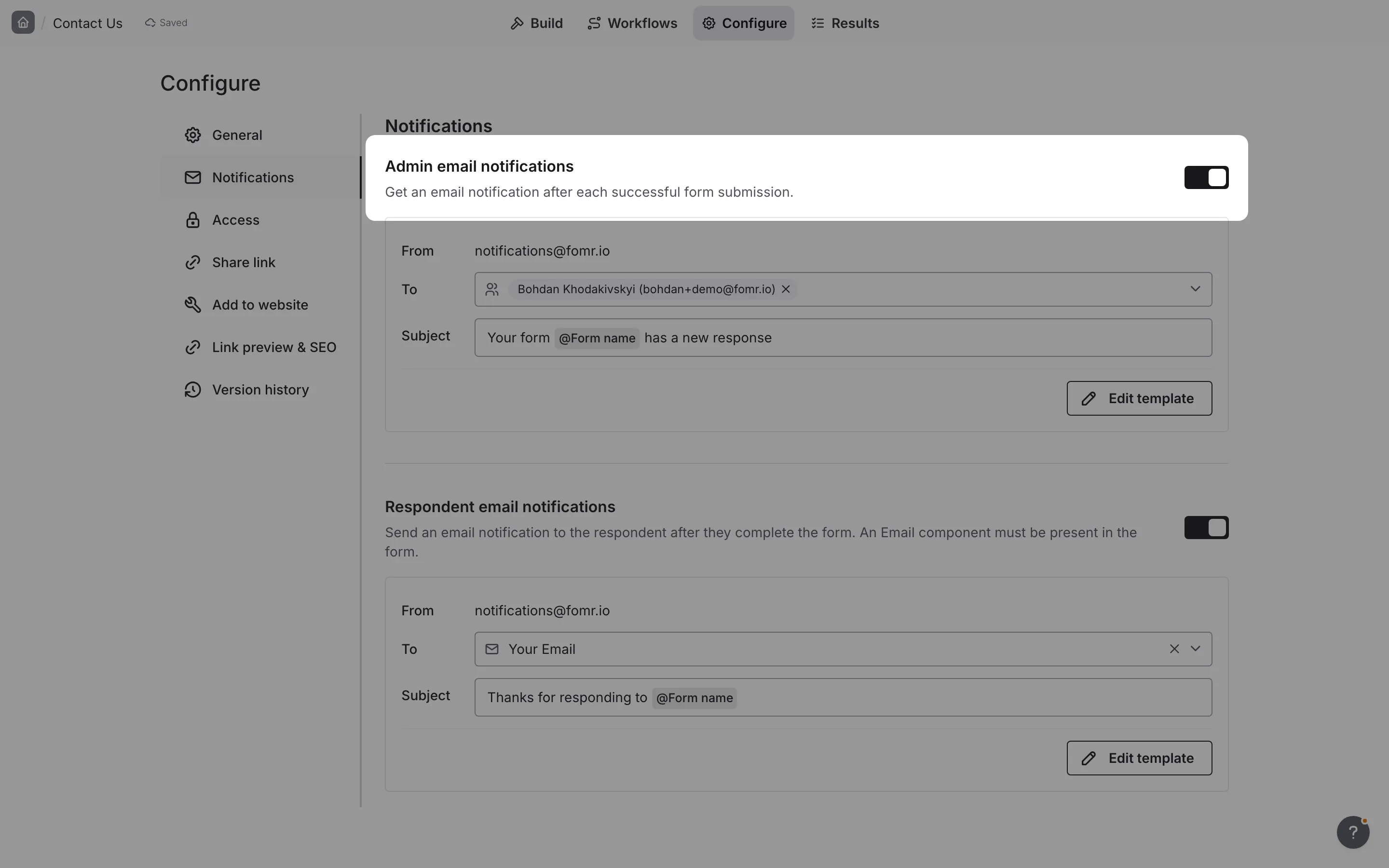 The Admin email notifications toggle
