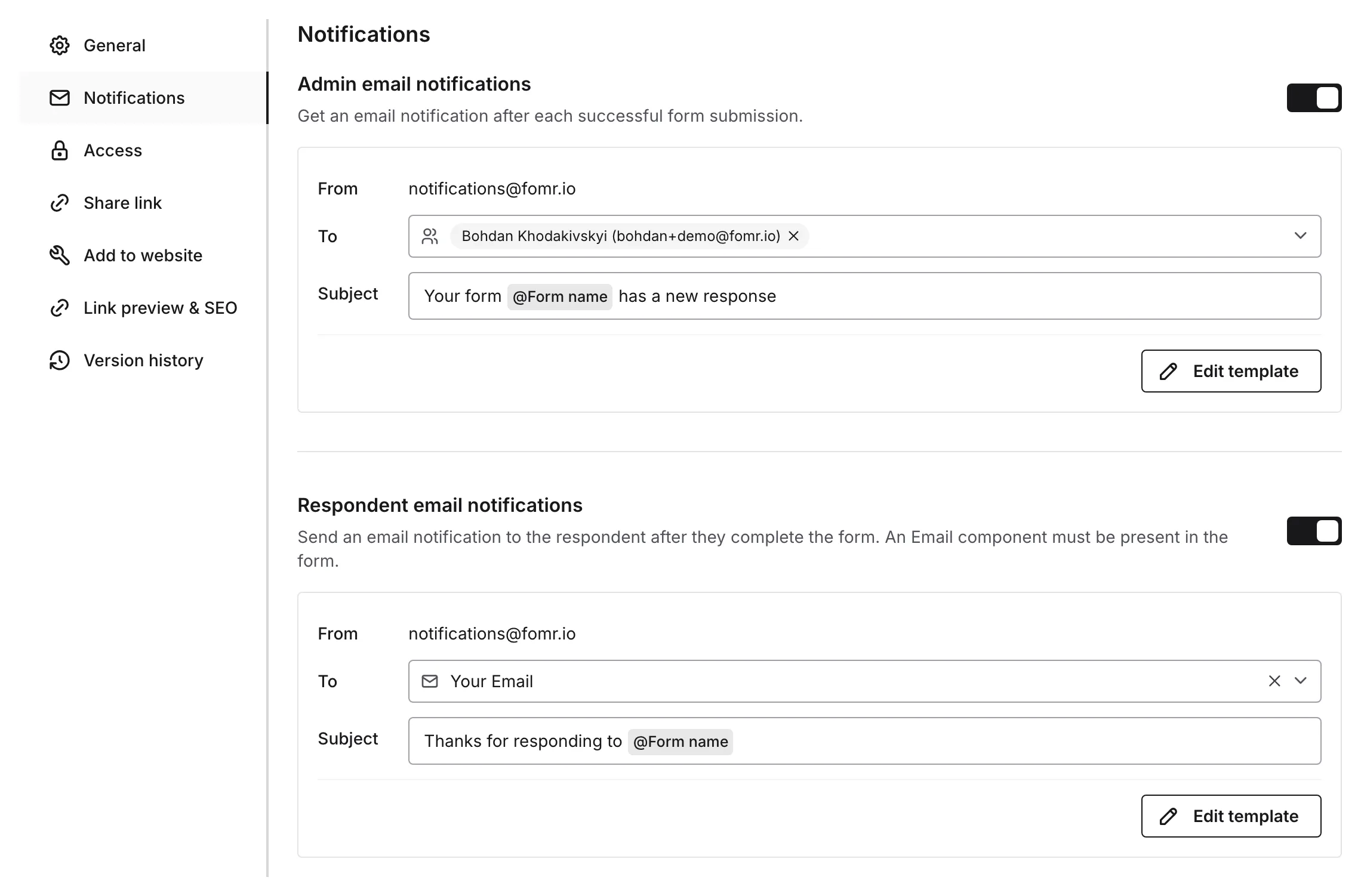 The Notifications settings panel