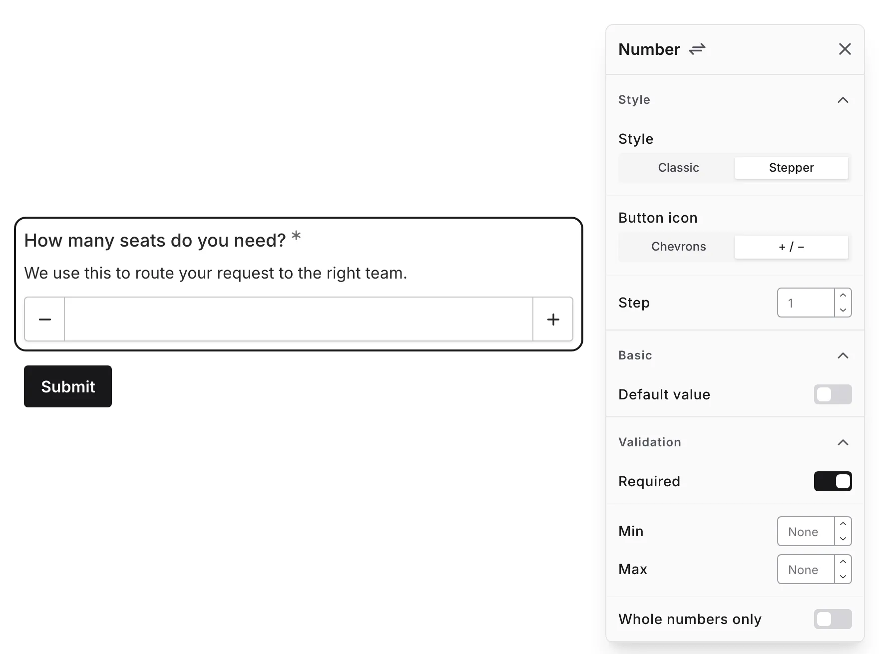 The Number settings with the Style, Basic, and Validation groups