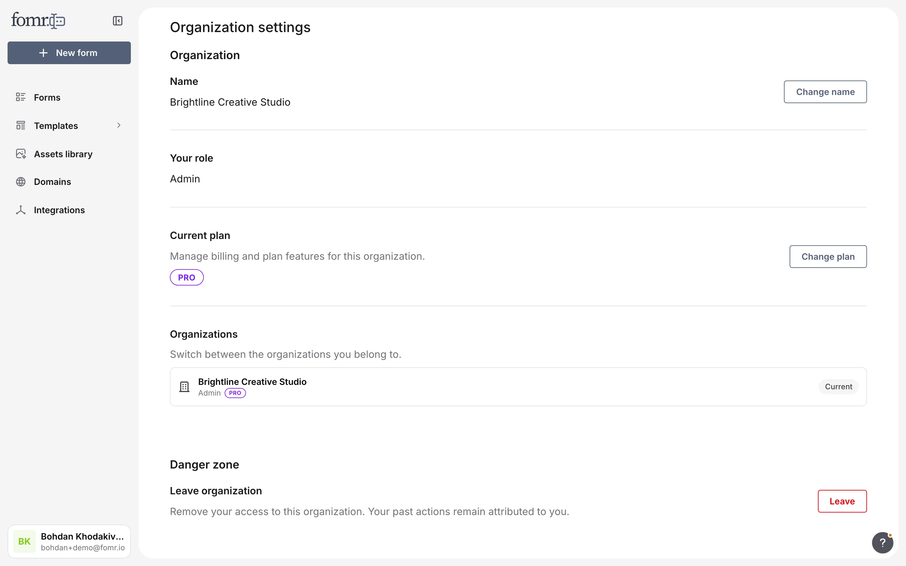 Organization settings with the Organizations section