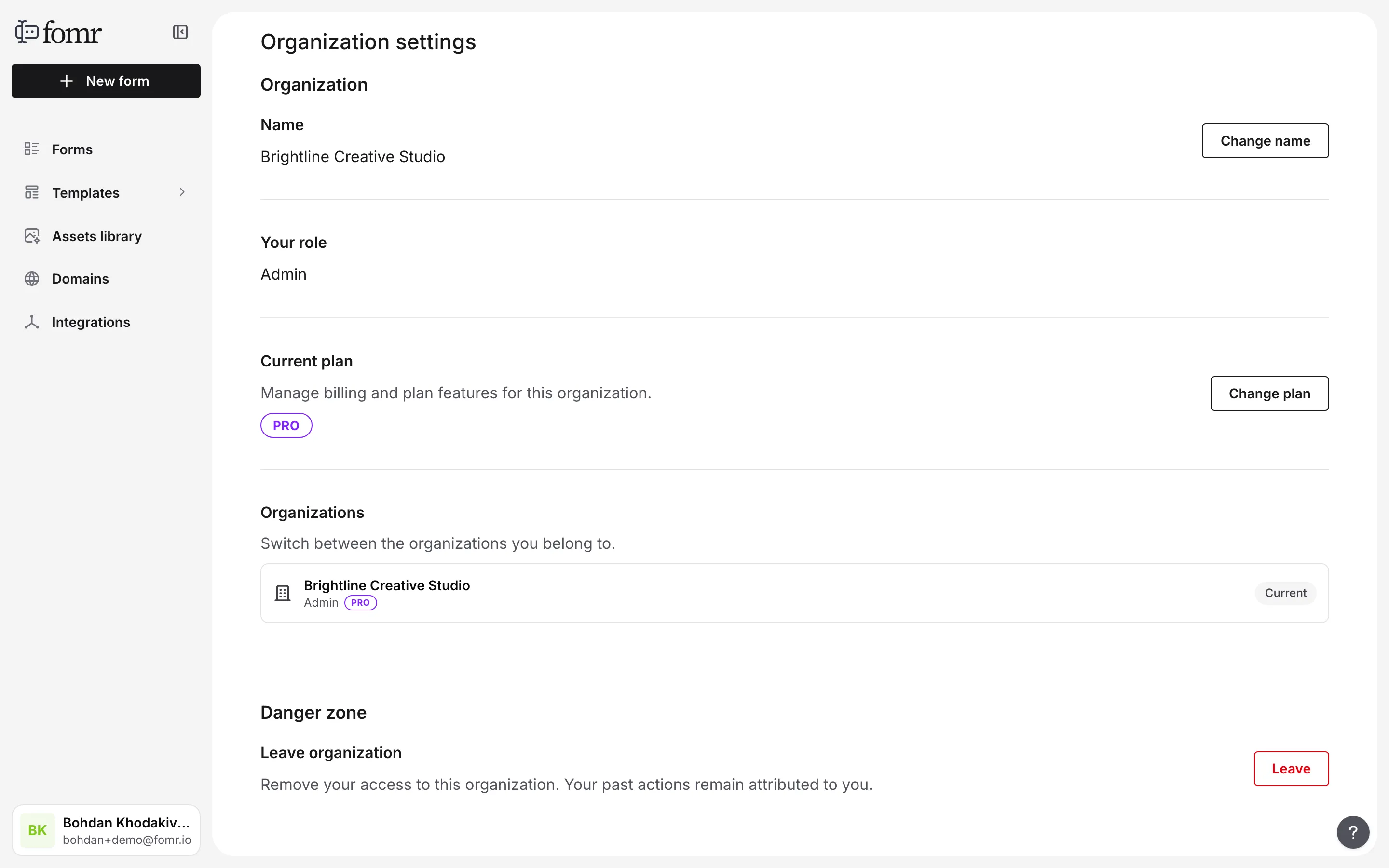 Organization settings with the Organizations section