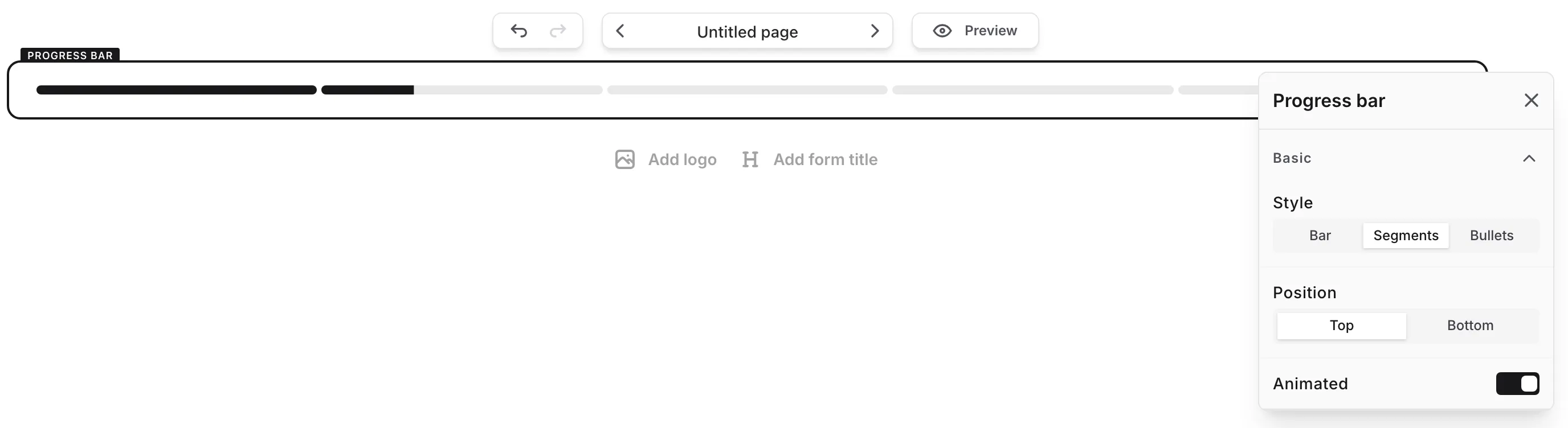 The progress bar selected on the canvas with its settings open, showing Style, Position, and Animated