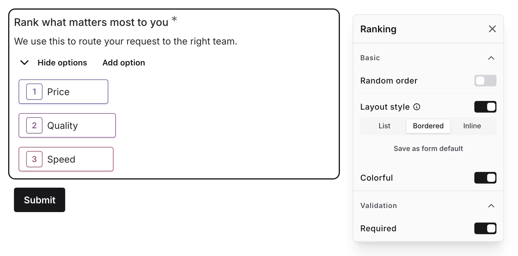 The Colorful setting enabled on a ranking question with the Bordered layout