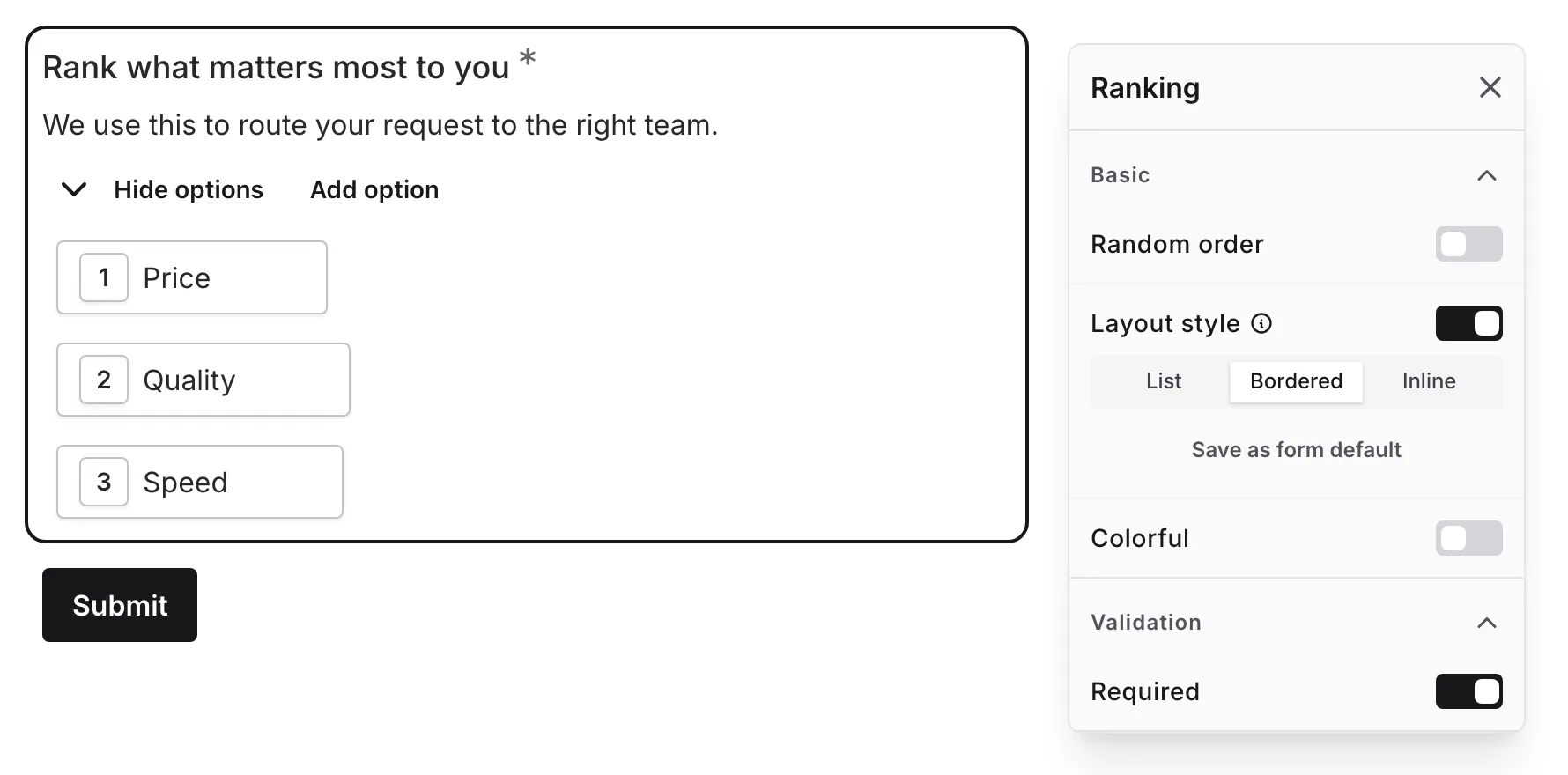 The Layout style setting enabled with the List, Bordered, and Inline options