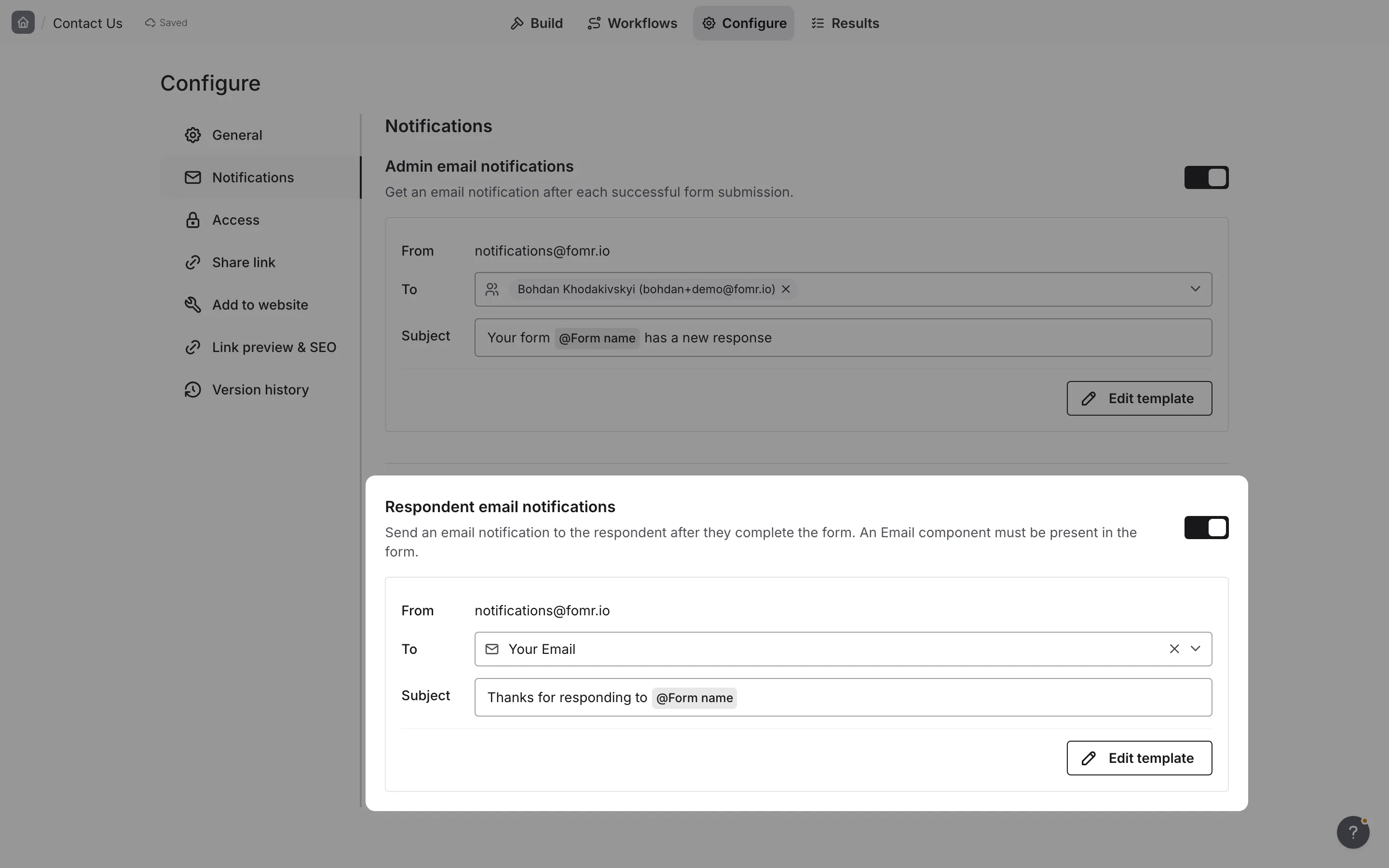 The respondent email notifications settings