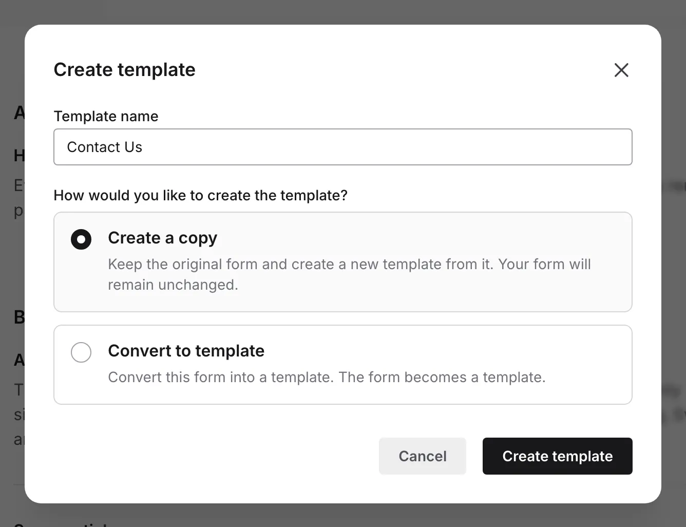 The save as template dialog
