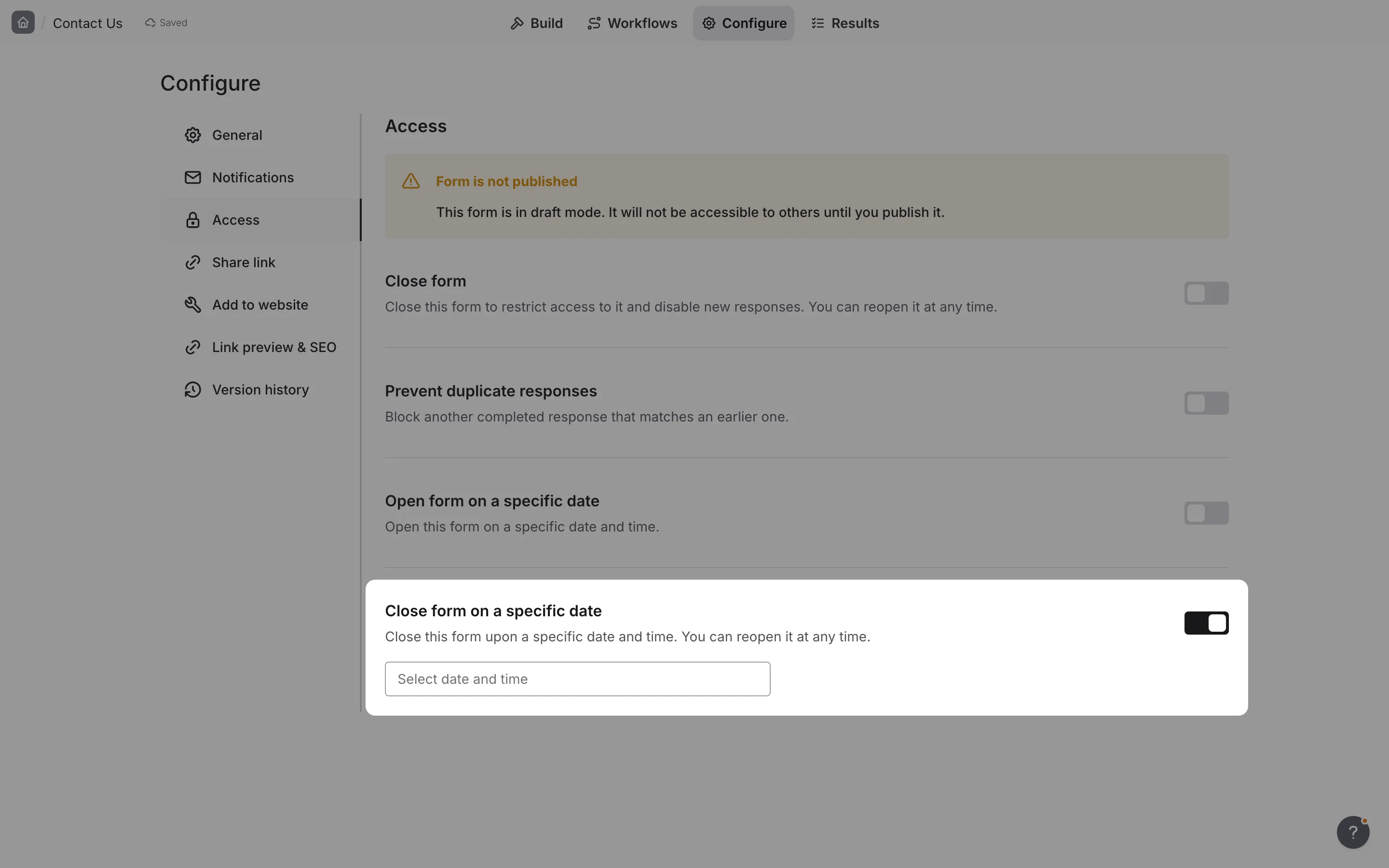 The schedule close date/time picker