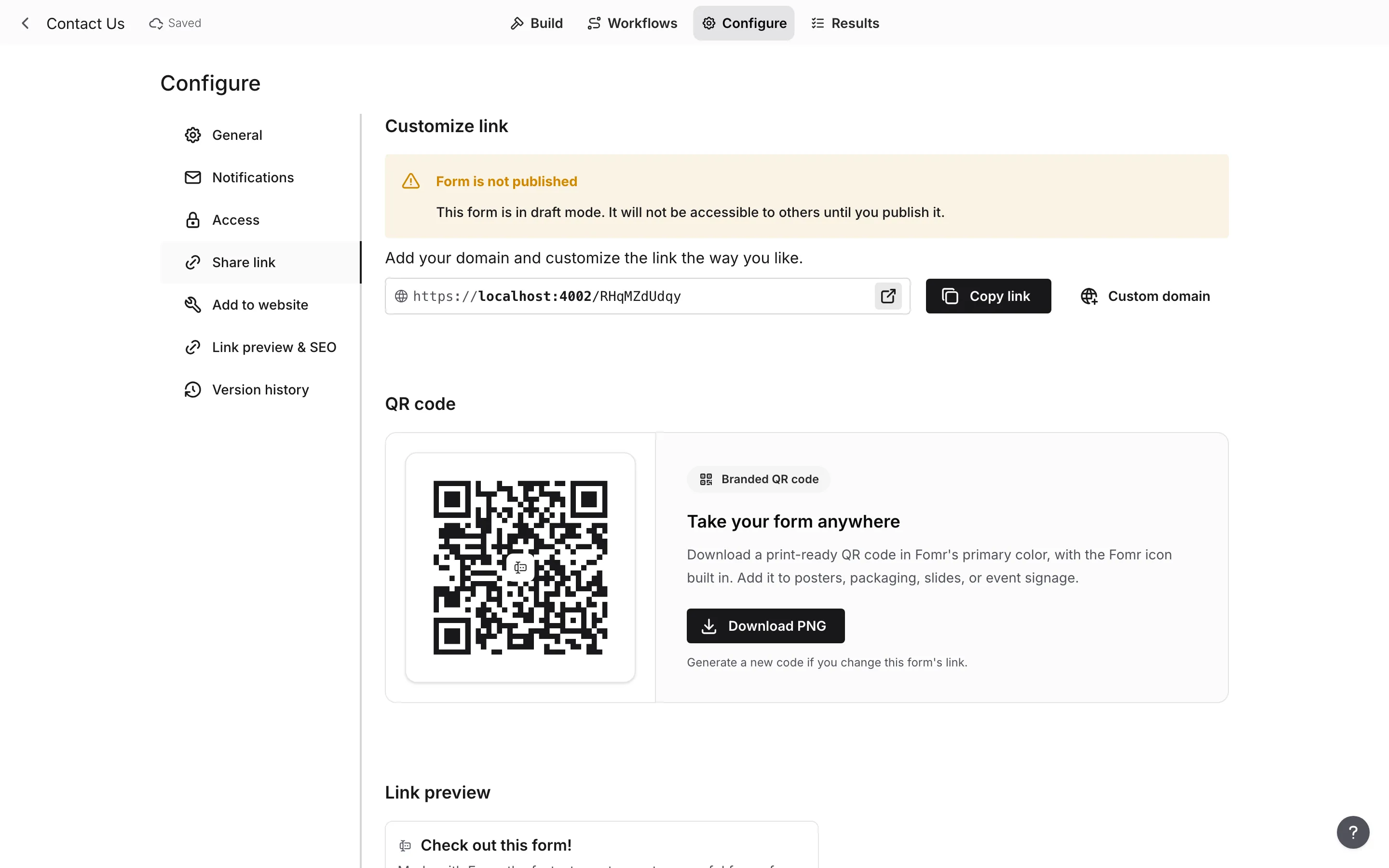 The Share link with the copyable form URL