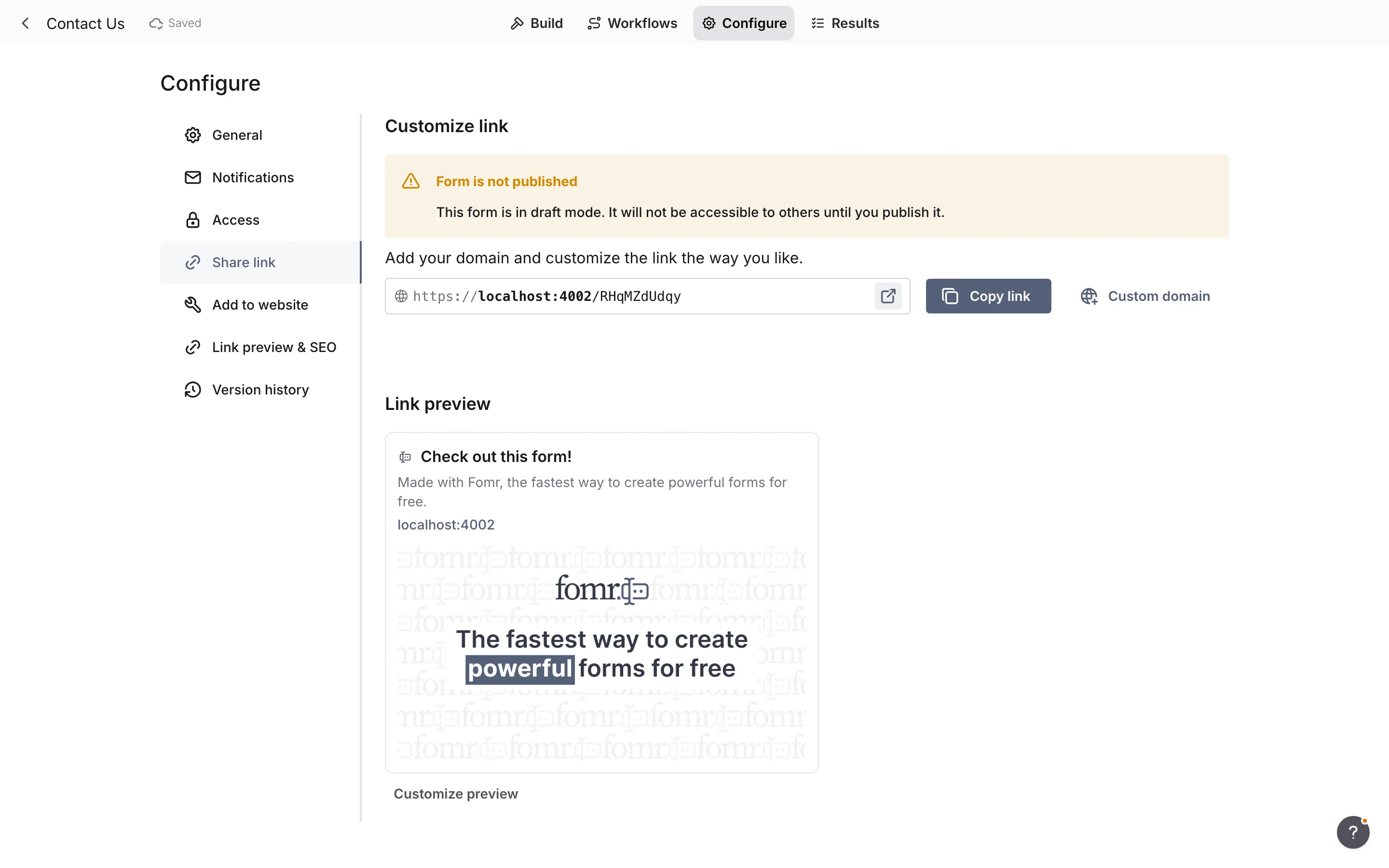 The Share link with the copyable form URL