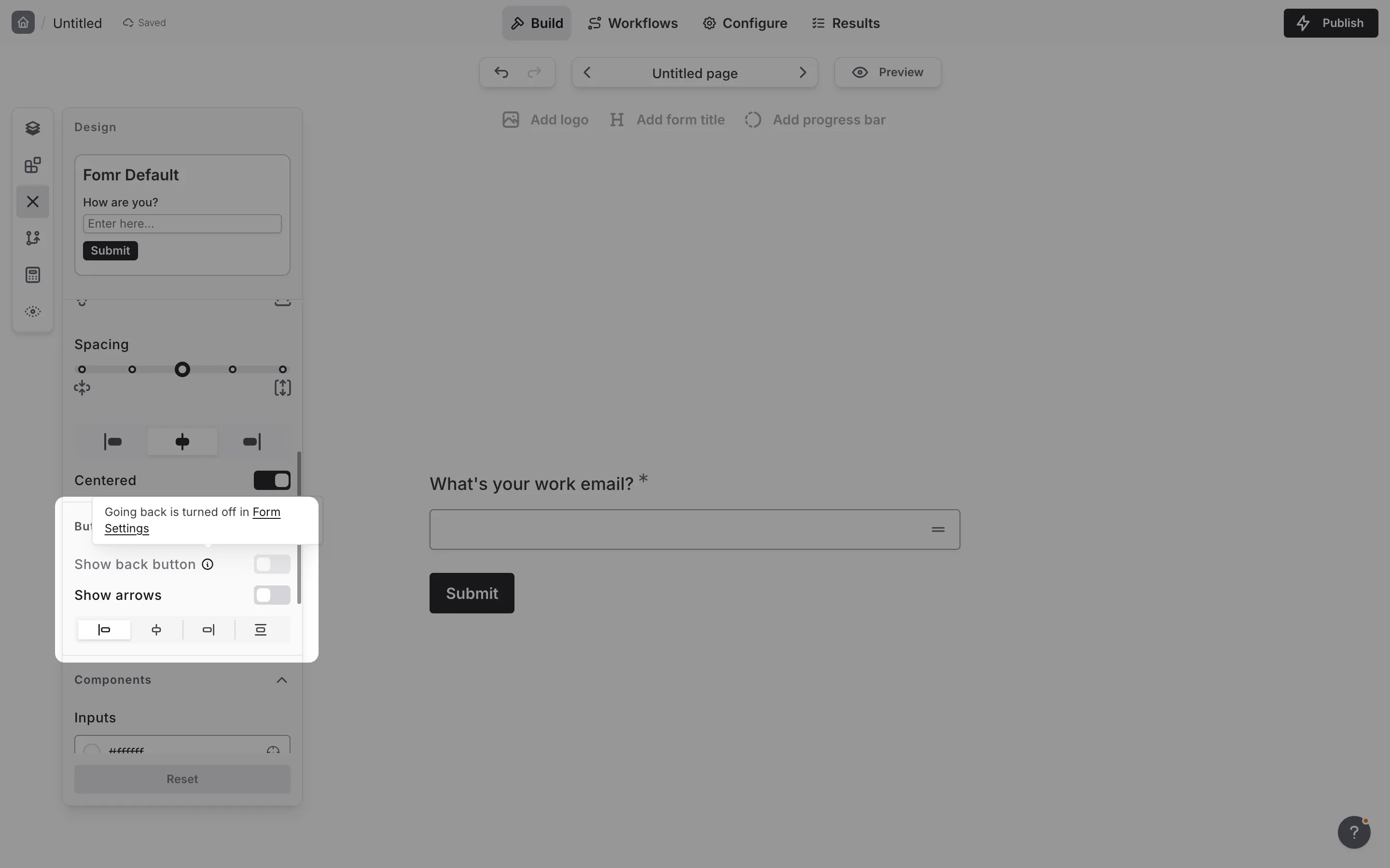 The Buttons group in the Design panel with Show back button off and disabled, and its info popup saying going back is turned off in Form Settings