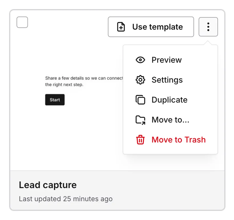 The open … menu on a template card with Preview, Settings, Duplicate, Move to…, and Move to Trash