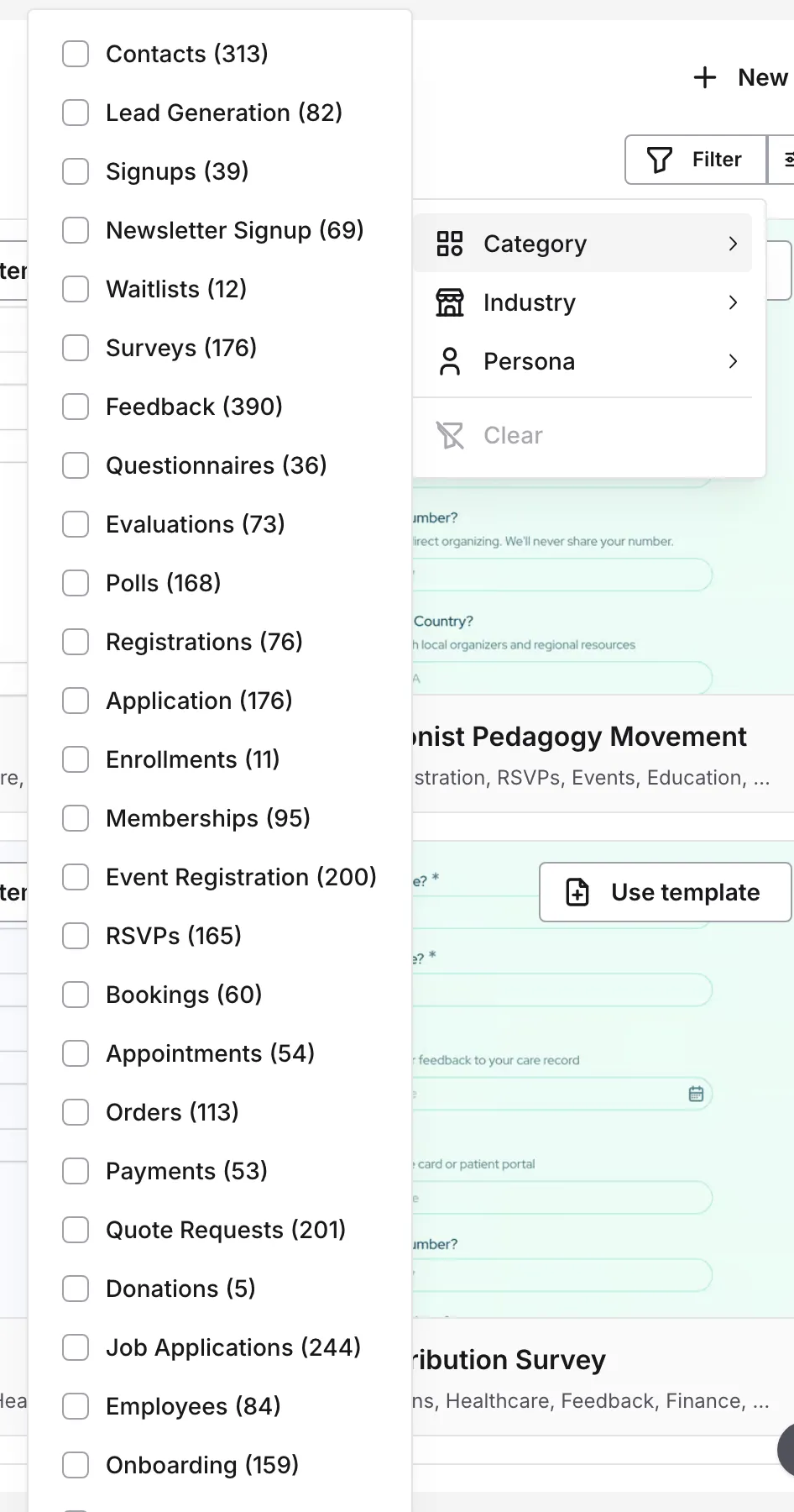 The Template gallery with the Filter menu open on Category, listing options with template counts