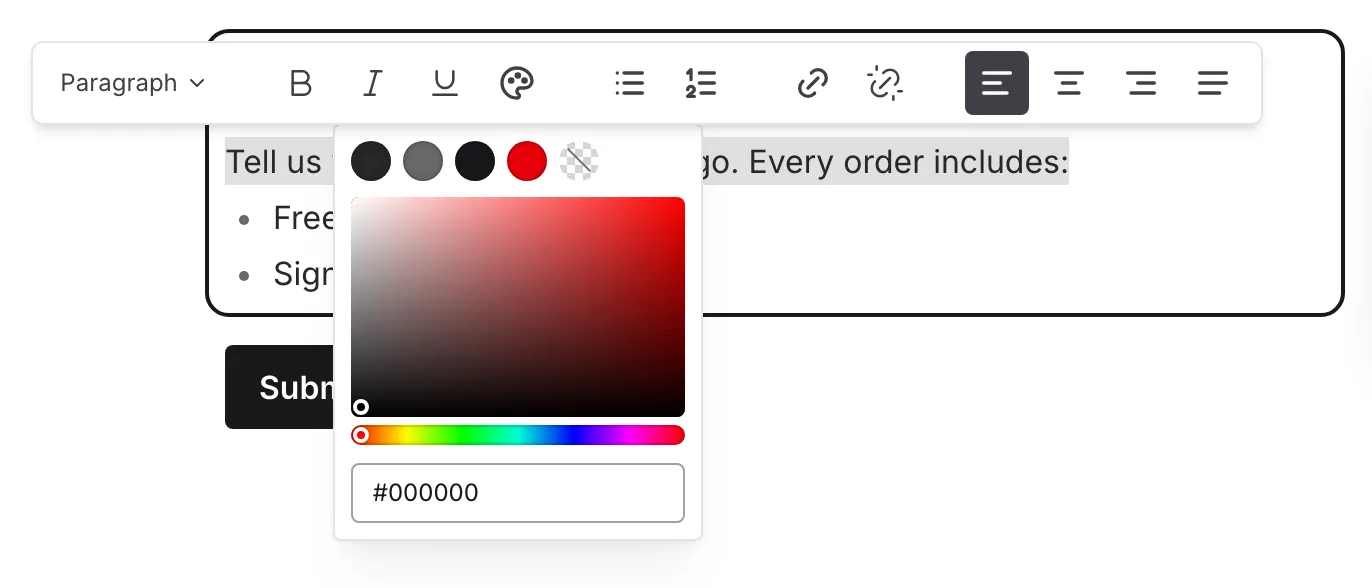 The theme swatches and the custom color picker