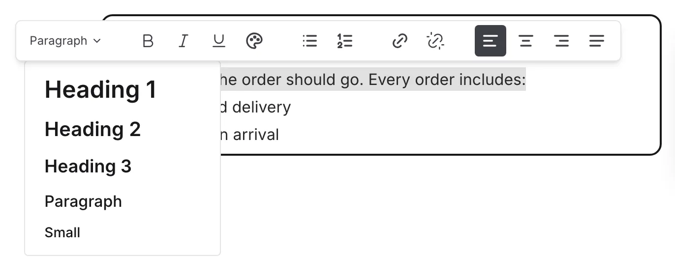 The text style dropdown with Heading 1-3, Paragraph, and Small