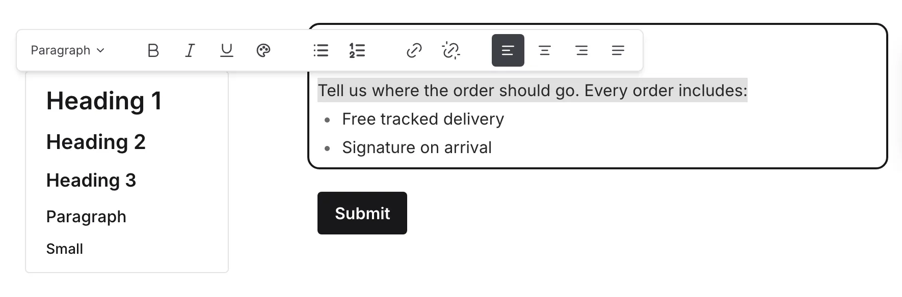 The text style dropdown with Heading 1-3, Paragraph, and Small