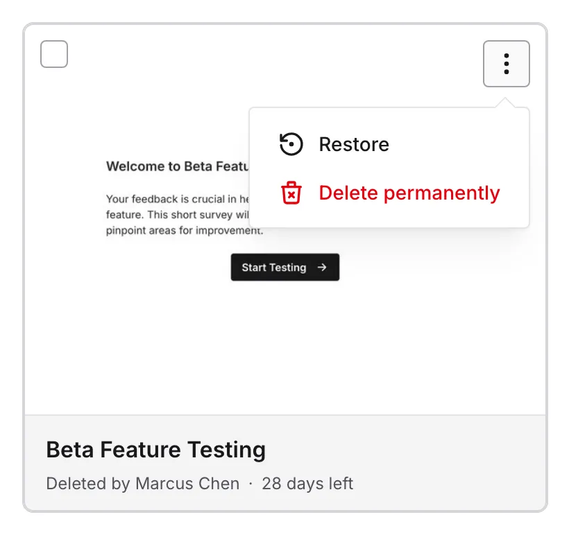 A trashed form card with its … menu open on Restore and Delete permanently