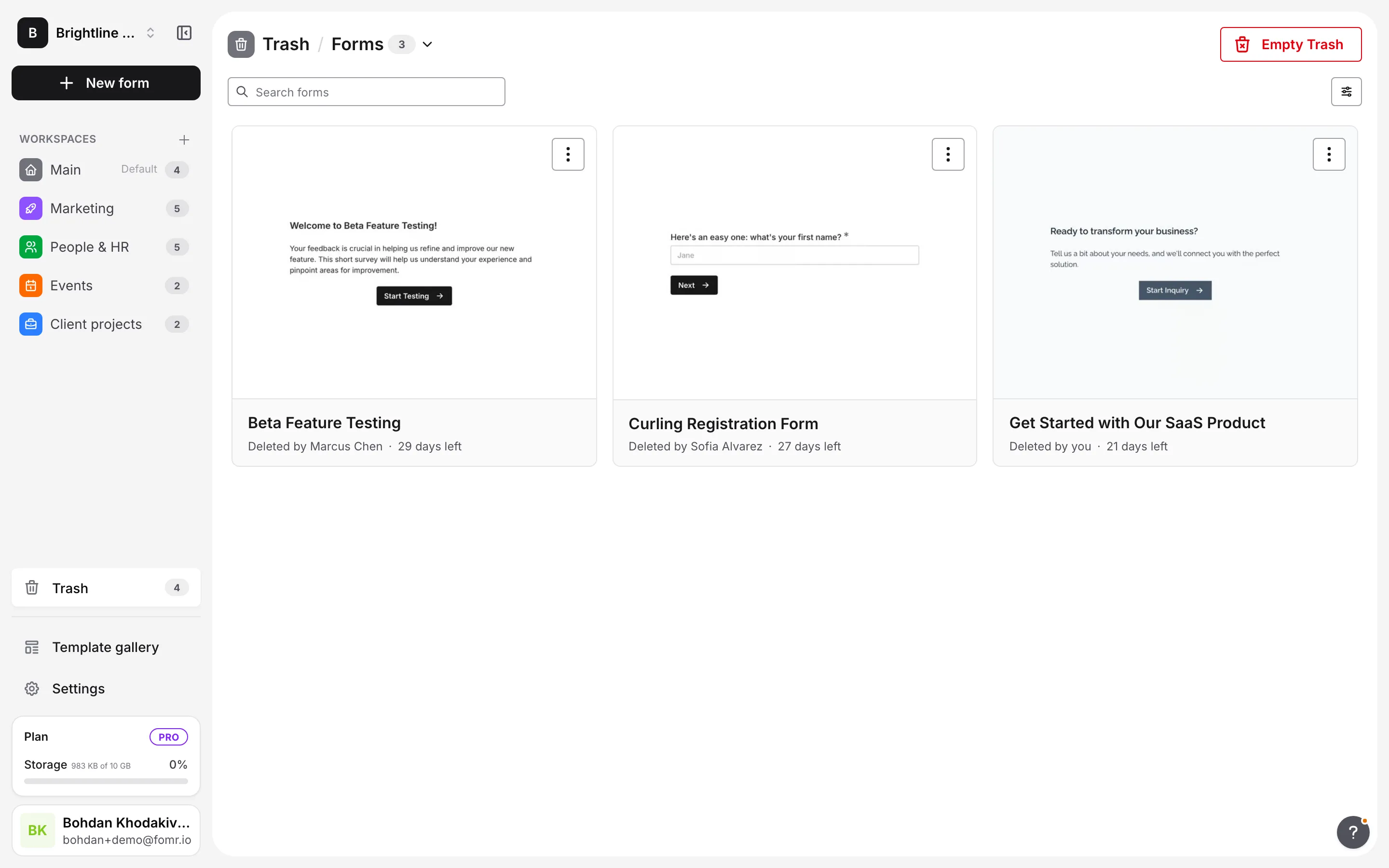 The Trash page with the Forms section, several trashed forms, "Deleted by" names, and days left