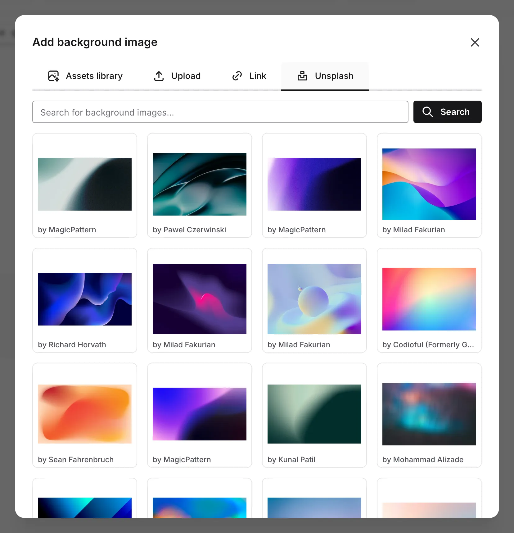 The Unsplash search interface