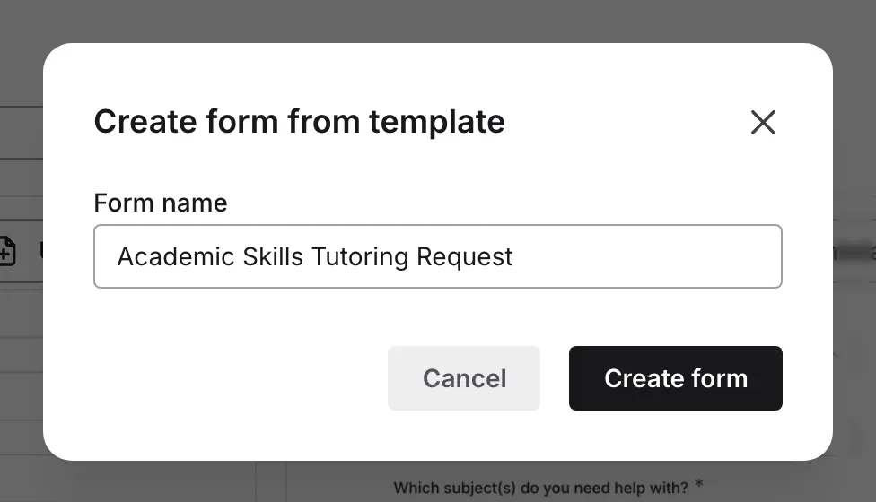 The modal for creating a form from a template