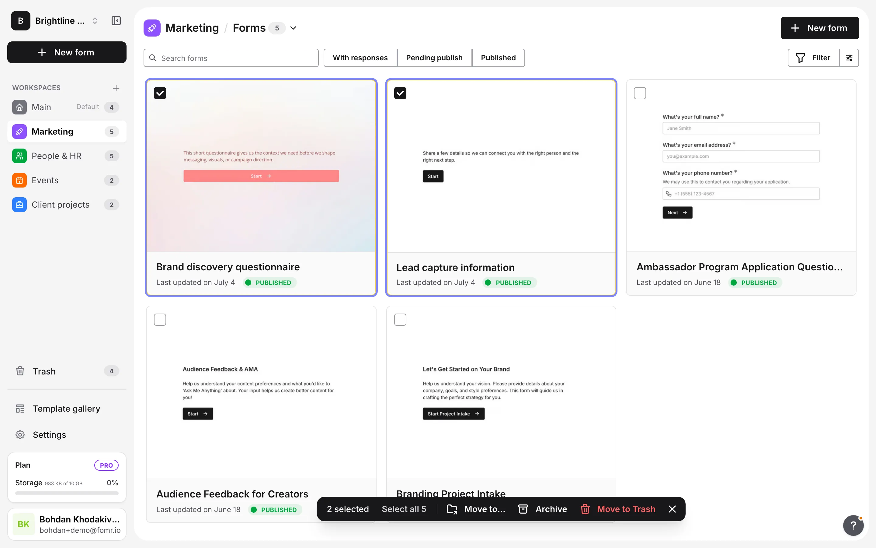 Several selected forms and the bulk action bar with Move to…, Archive, and a red Move to Trash