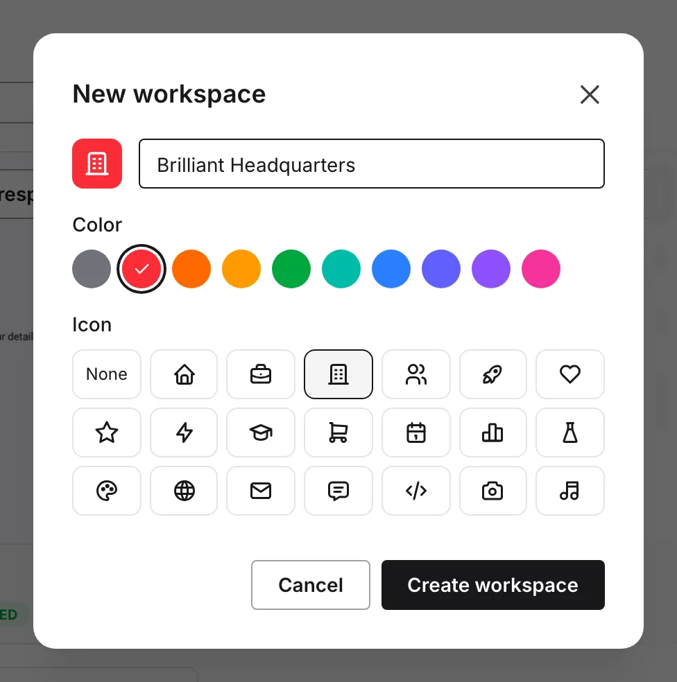 The New workspace dialog with a suggested name, matching icon, and color choices
