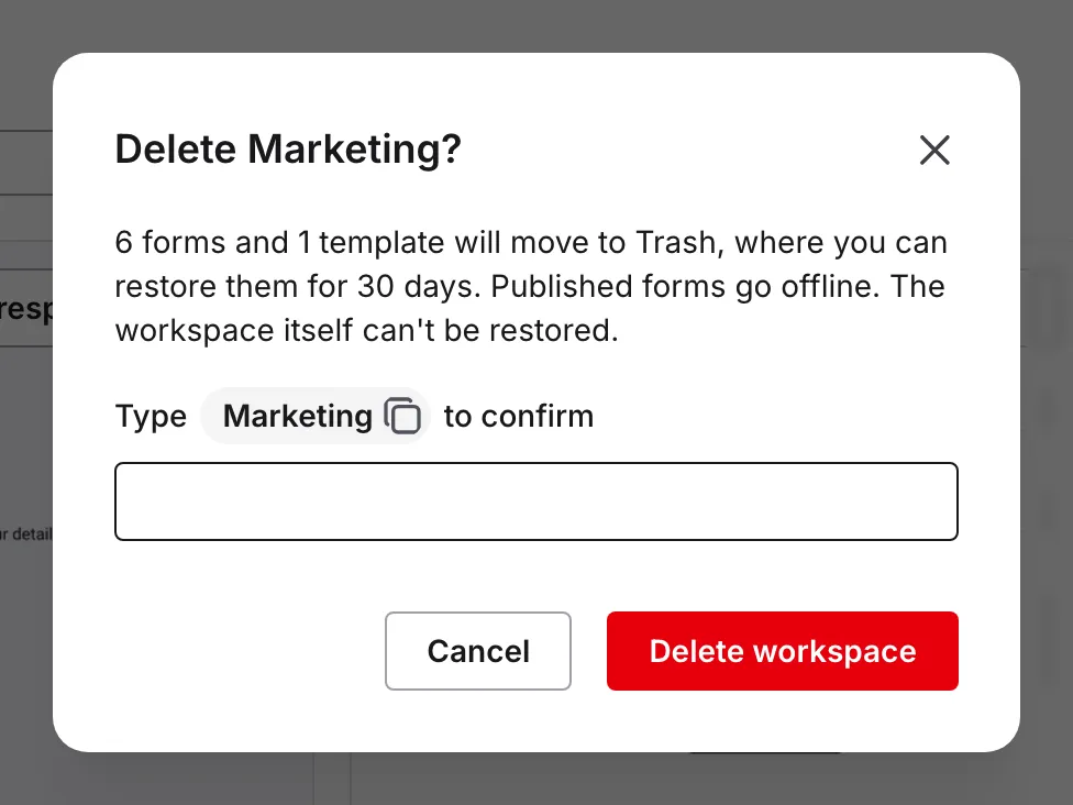 The Delete workspace dialog with the item summary and the copyable workspace name pill