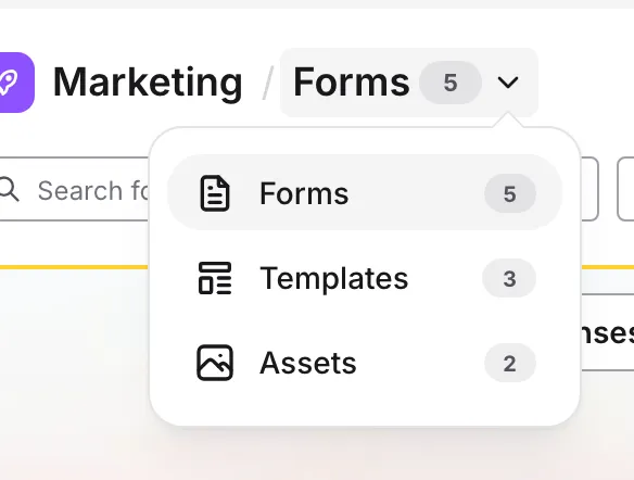 The Main / Forms title with the section switcher open and a count next to each section