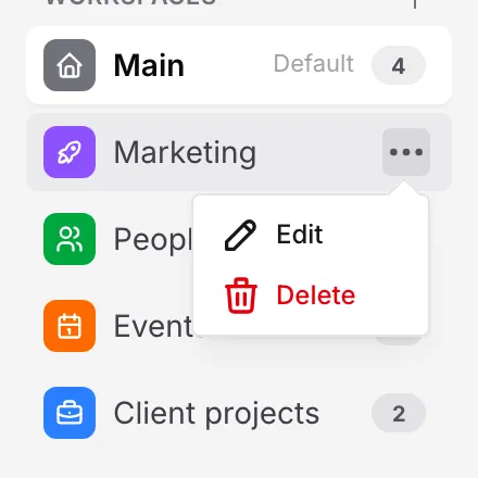 A workspace row in the sidebar with its … menu open on Edit and Delete