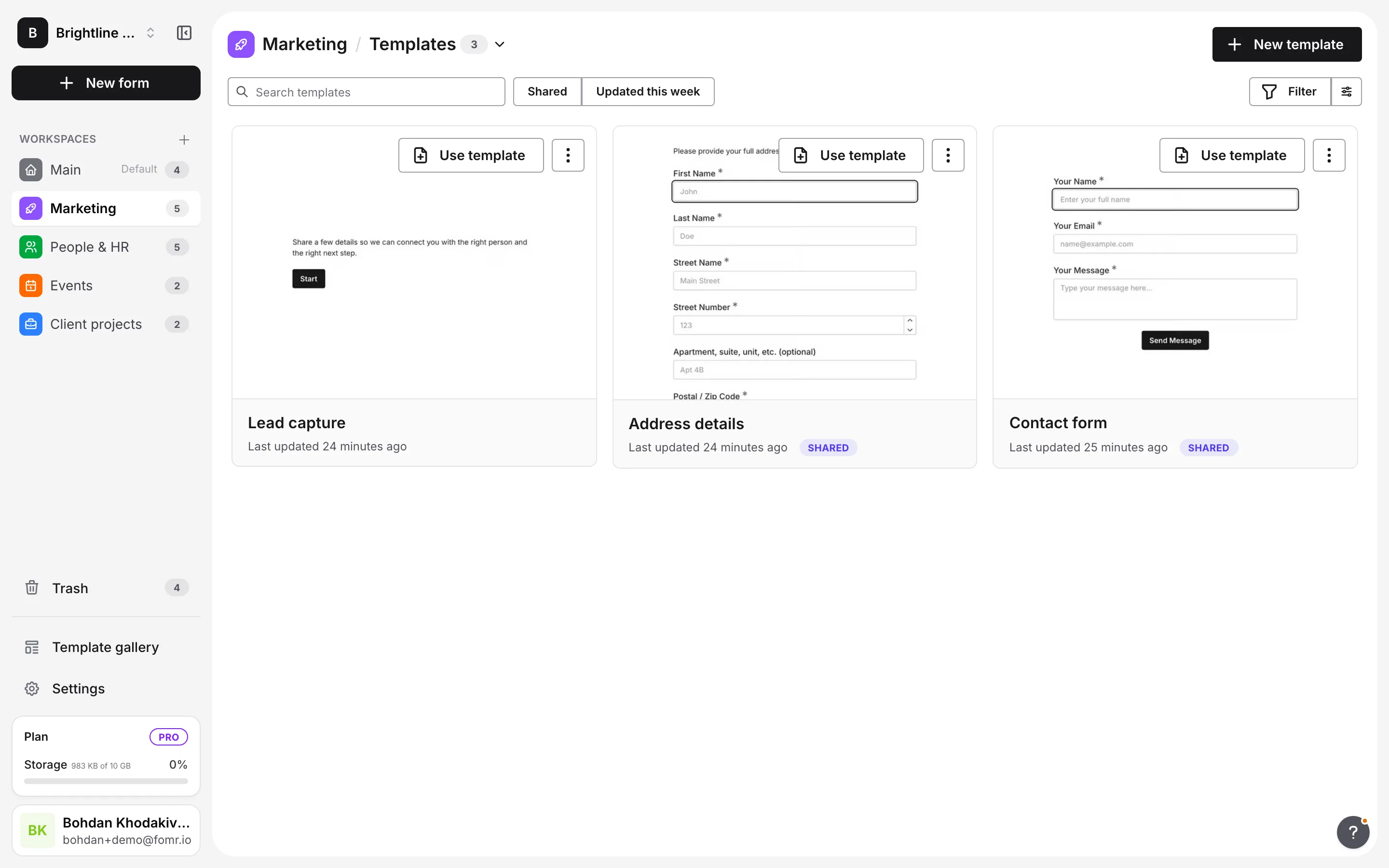 The Templates list in a non-default workspace with Shared badges on templates from the Default Workspace