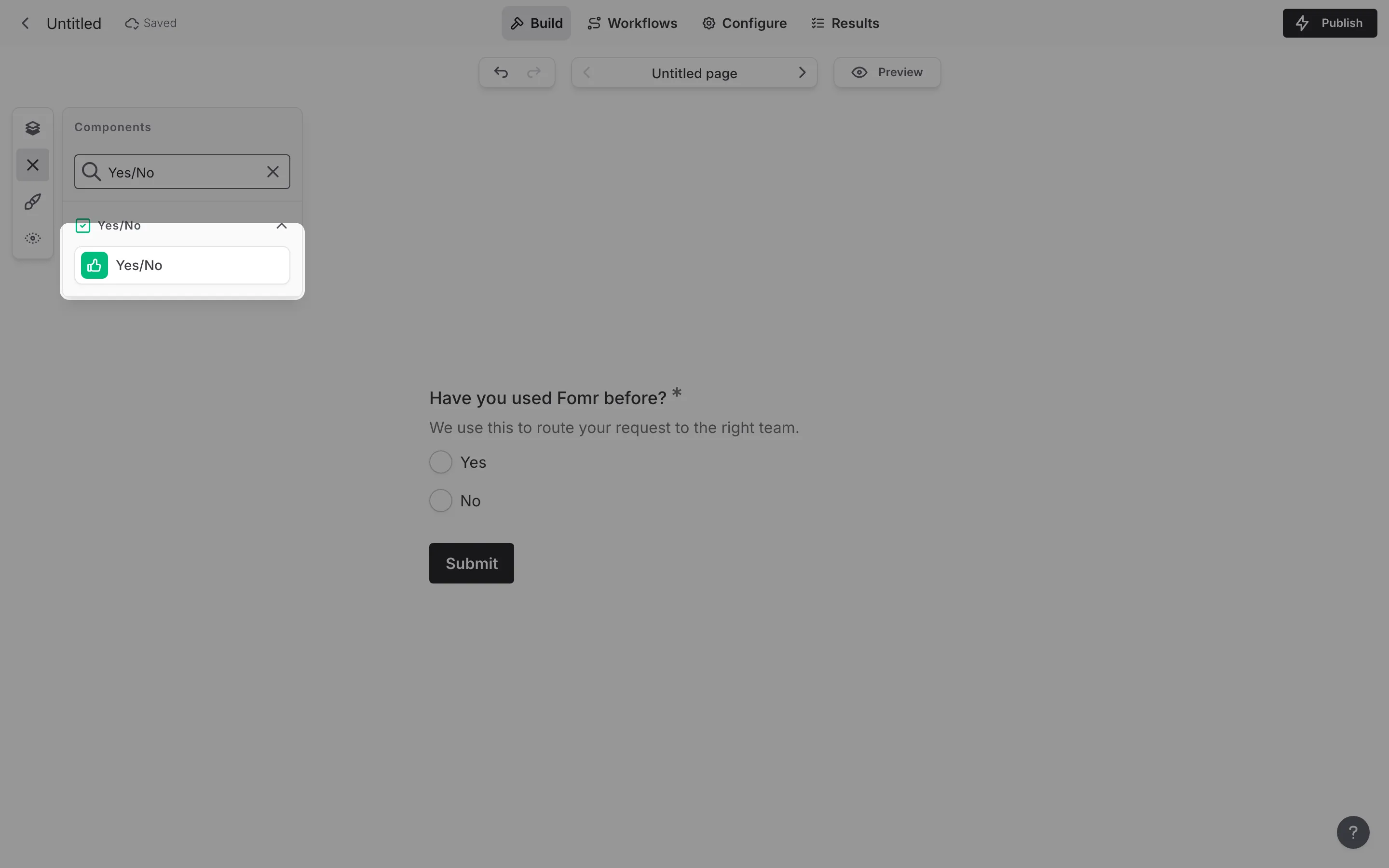 The Yes/No component being added from the Components panel