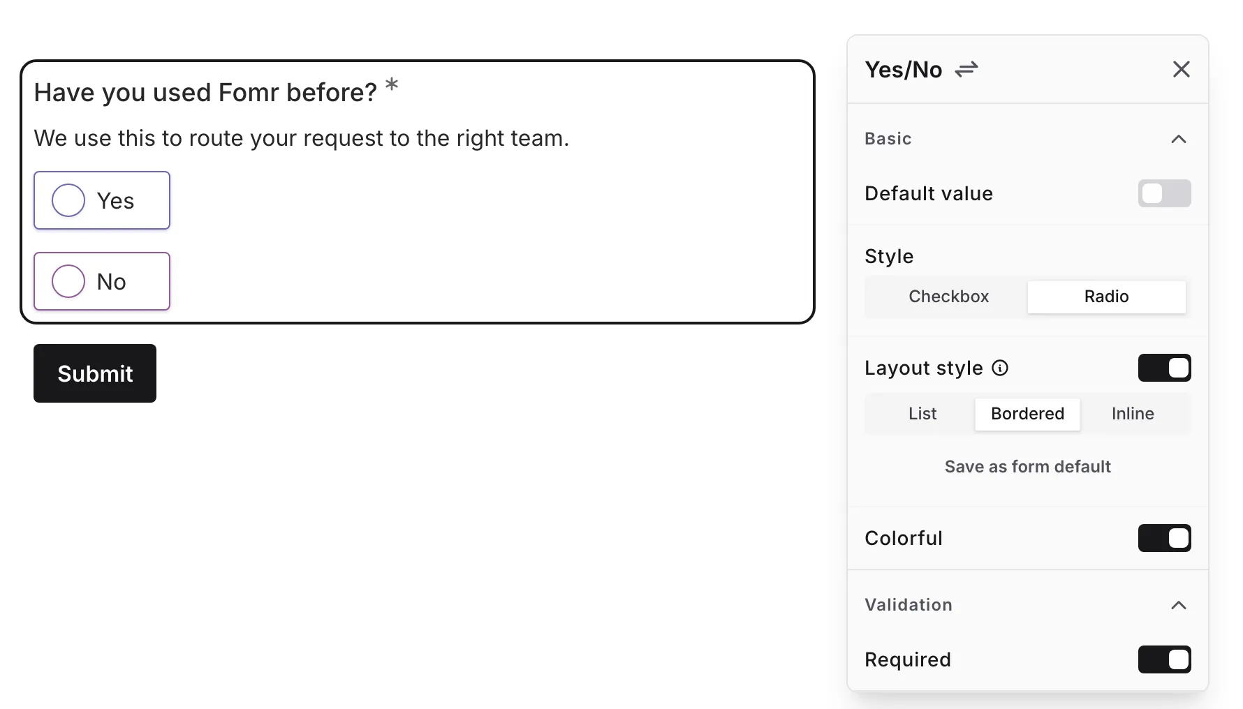 The Colorful setting enabled on a Yes/No question with the Bordered layout