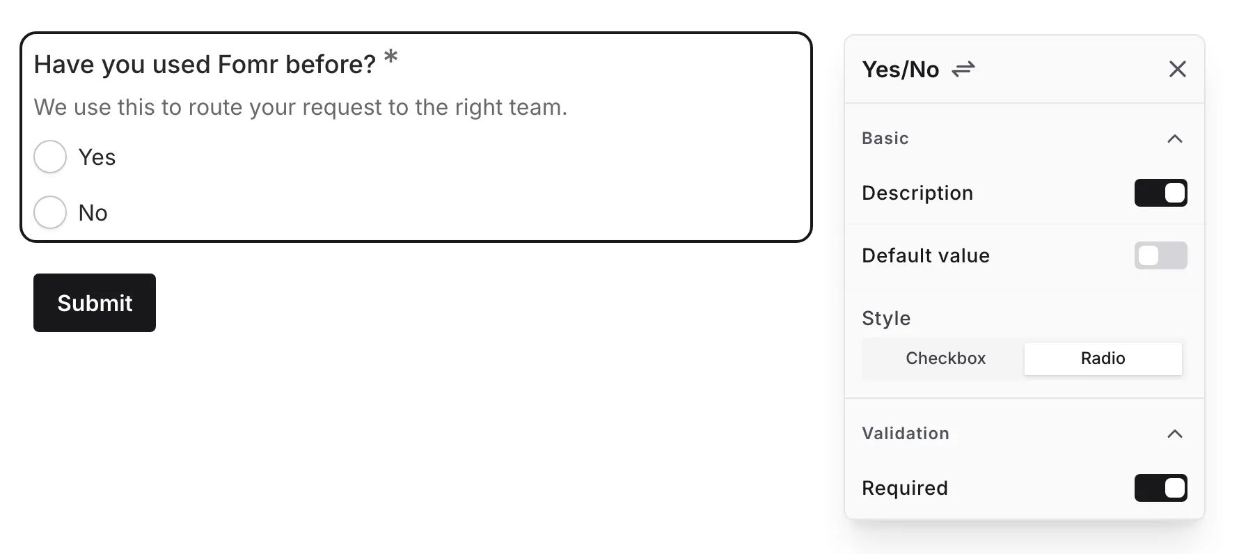 The Default value setting with Yes selected