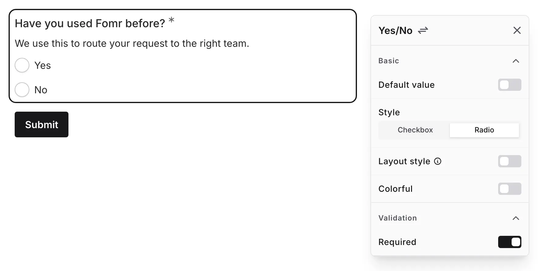 The Default value setting with Yes selected