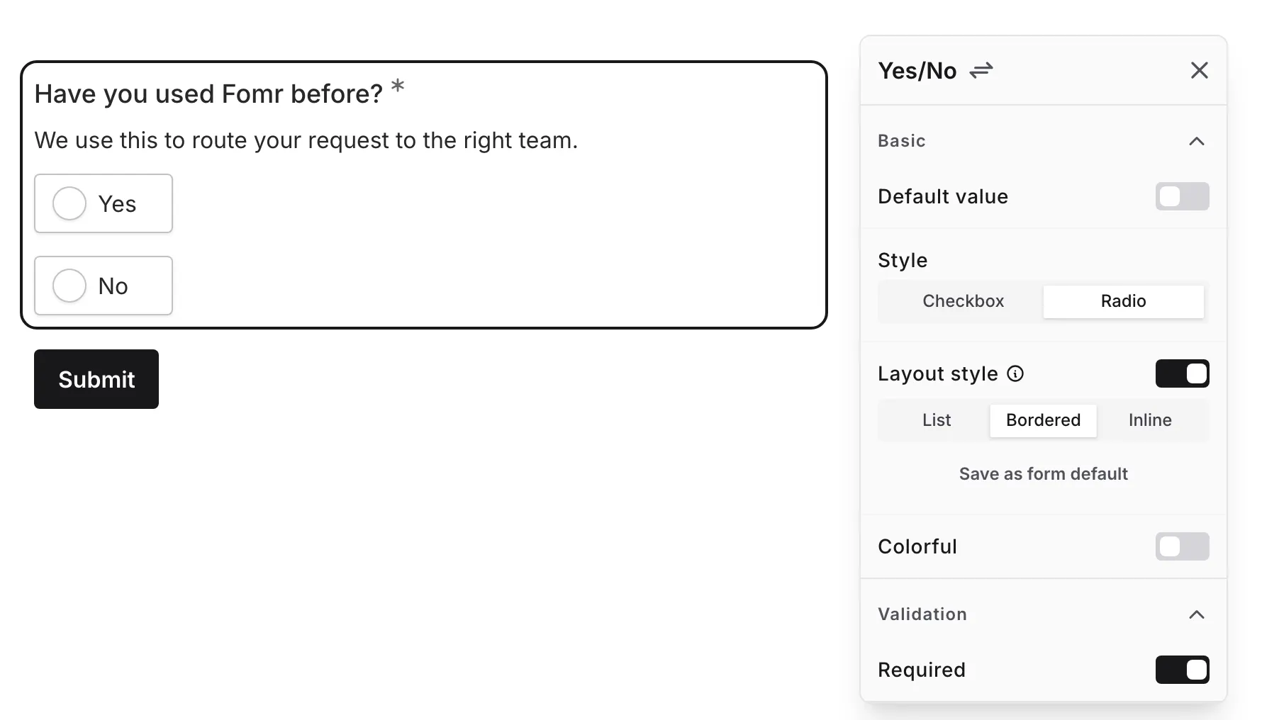 The Layout style setting enabled with the List, Bordered, and Inline options