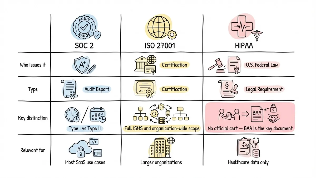 Comparison table of SOC 2, ISO 27001, and HIPAA frameworks for form builders