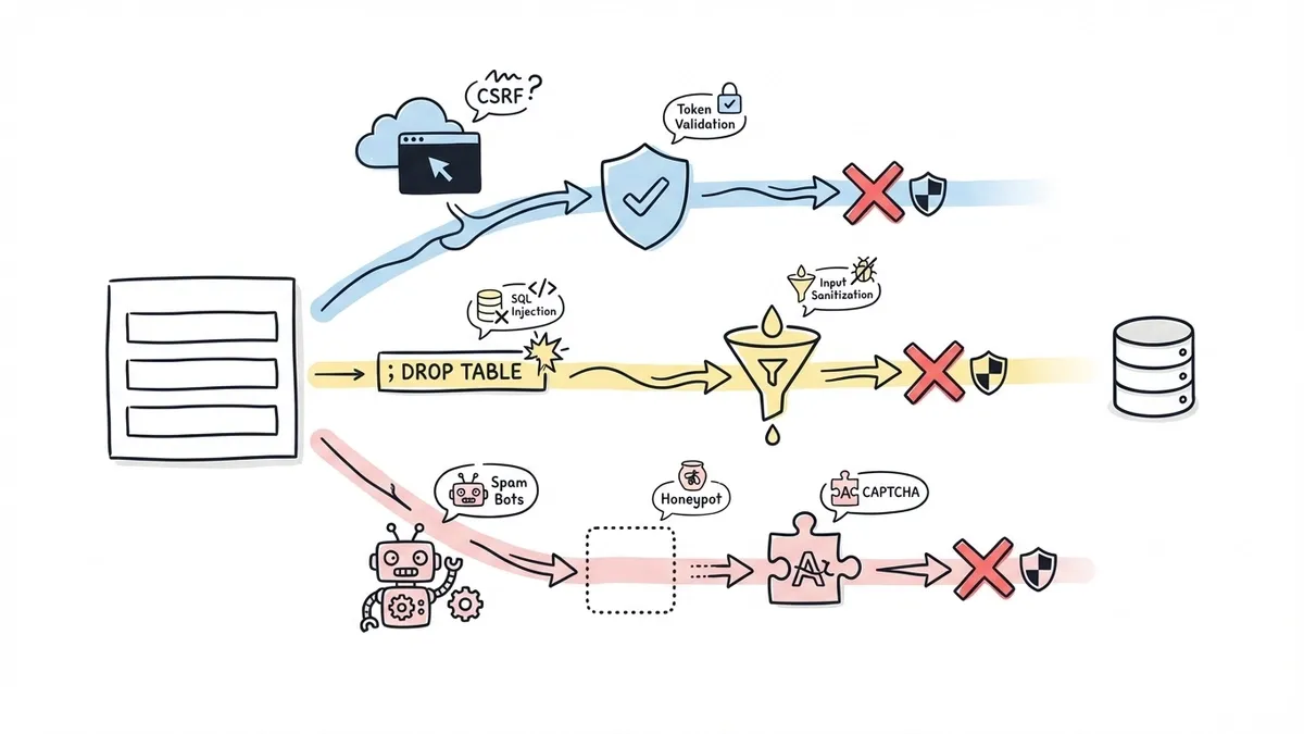 Illustration of three form attack vectors: CSRF, SQL injection, and spam bots