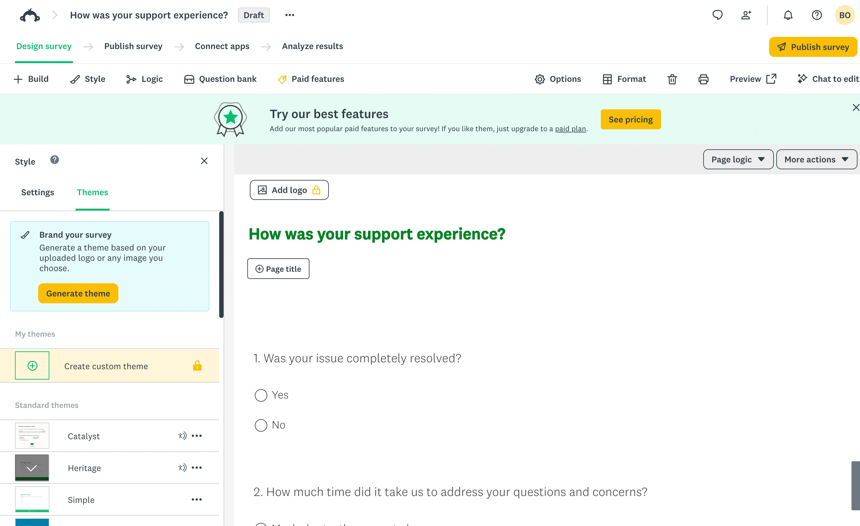 SurveyMonkey editor with a sample customer support feedback survey and theme controls