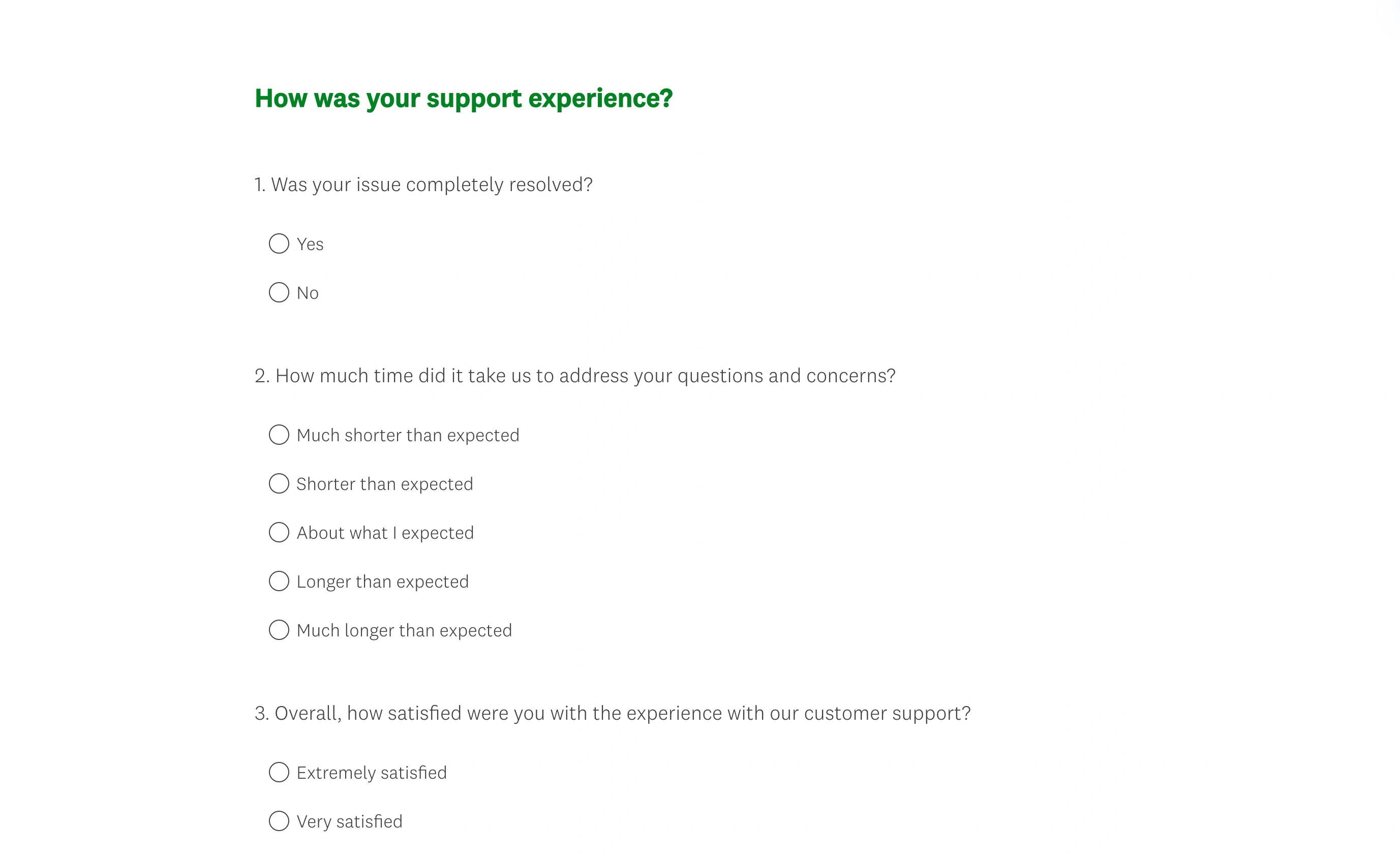 Respondent preview of the sample SurveyMonkey customer support survey