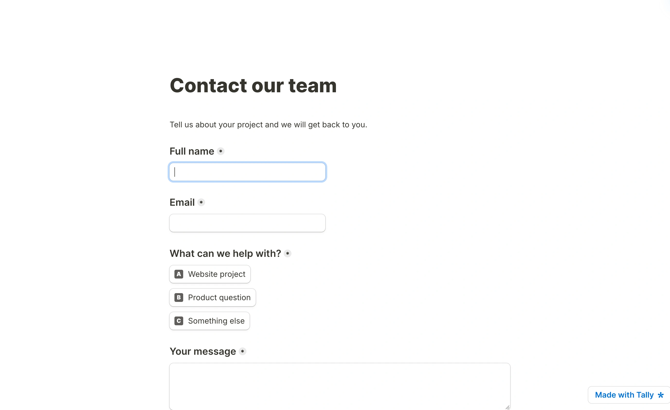 Respondent view of the sample form built with Tally