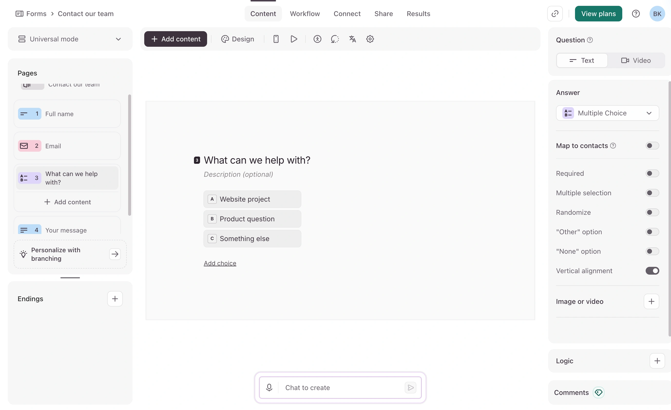 Typeform editor showing the sample form